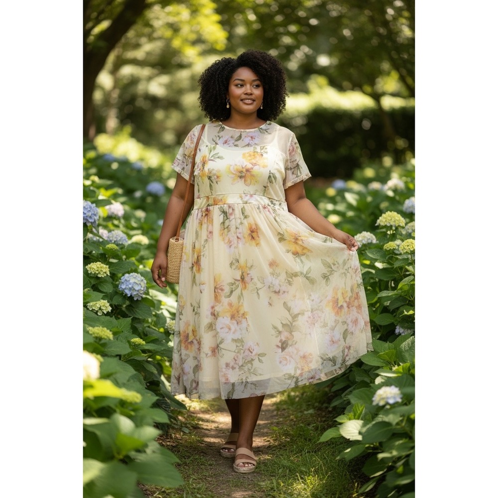 XPLUSWEAR Yellow Floral Mesh Midi Dress Short Sleeve Plus Size 3XL NWT